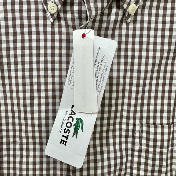Lacoste Men's NWT Gingham 100% Cotton Button-Down Shirt in Brown and White - Picture 5 of 6